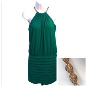 CACHE GREEN TIERED SLEEVELESS DRESS • BEADED HALTER NECKLINE • sz 4